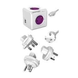 POWERCUBE REWIRABLE USB, STEKKERDOOS MET REISSTEKKERS EN USBPOORTEN, 4 SOCKETS, 1.5M, WIT/PAARS