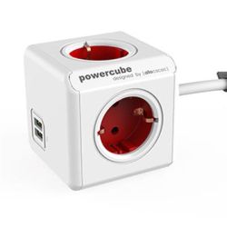POWERCUBE EXTENDED, STEKKERDOOS MET USB POORTEN, 4 SOCKETS,1.5M, WIT/ROOD