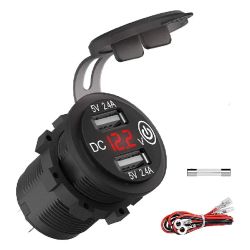 DUAL USB STOPCONTACT MET VOLTMETER, SCHAKELAAR, DEKSEL EN KABEL - ROOD - 12V/24V - 5V/2.4A